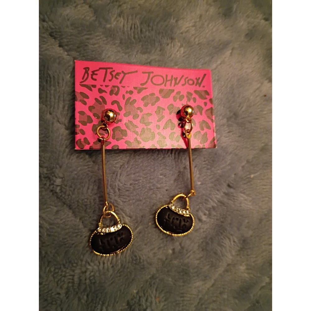 New Betsey Johnson Luv Black Enamel Mini Purse Dangle Drop Earrings